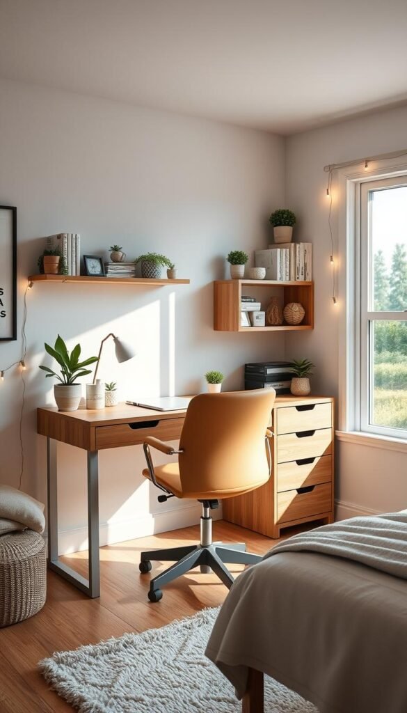 A cozy and well-organized teen bedroom study space, featuring a minimalist wooden desk with sleek lines, a comfortable swivel chair, and a large window that floods the area with natural light. Shelves above the desk display books, plants, and decorative items, creating a warm and inviting atmosphere. The room's neutral color palette, with hints of soft pastels, adds a sense of tranquility, while a plush area rug and string lights contribute to the overall ambiance. The study space is positioned within the bedroom, allowing for a dedicated focus zone while still feeling connected to the rest of the living area.
