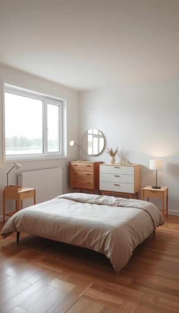 A cozy and well-proportioned small bedroom with a minimalist, Scandinavian-inspired aesthetic. In the foreground, a low-profile queen-sized bed with a plush, neutral-toned duvet and two matching nightstands with sleek, angular lamps. In the middle ground, a compact, mid-century modern dresser with clean lines and a round mirror above it. The background features a large window that floods the room with natural light, complemented by light-colored walls and hardwood flooring. The overall mood is one of tranquility and practical, space-saving design.