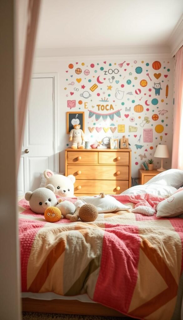 A cozy and whimsical Toca Boca-inspired bedroom, bathed in soft pastel tones and natural light. In the foreground, a plush, multicolored comforter covers a child-sized bed, with plush toys and pillows scattered playfully. Peeking through the mid-ground, a wooden dresser adorned with stickers and trinkets, and a nightstand with a small lamp casting a warm glow. The background reveals a wall covered in vibrant, hand-drawn patterns and shapes, evoking the playful aesthetic of the Toca Boca universe. The overall scene exudes a sense of imagination, wonder, and a touch of nostalgia, inviting the viewer into the charming world of Toca Boca bedroom design. A cozy and whimsical Toca Boca-inspired bedroom, bathed in soft pastel tones and natural light. In the foreground, a plush, multicolored comforter covers a child-sized bed, with plush toys and pillows scattered playfully. Peeking through the mid-ground, a wooden dresser adorned with stickers and trinkets, and a nightstand with a small lamp casting a warm glow. The background reveals a wall covered in vibrant, hand-drawn patterns and shapes, evoking the playful aesthetic of the Toca Boca universe. The overall scene exudes a sense of imagination, wonder, and a touch of nostalgia, inviting the viewer into the charming world of Toca Boca bedroom design.
