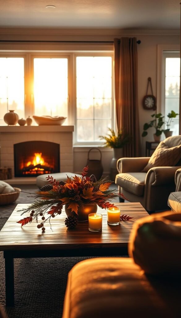 A cozy autumn living room with a warm, inviting ambiance. In the foreground, a plush, oversized armchair sits by a crackling fireplace, its golden flames casting a soft, flickering light throughout the space. The middle ground features a low, wooden coffee table adorned with an arrangement of autumn foliage, pinecones, and a few lit candles. In the background, large windows let in the gentle, golden glow of the setting sun, casting a dreamy, ethereal light across the room. The overall mood is one of comfortable, seasonal tranquility, with muted, earthy tones and a sense of enveloping coziness.
