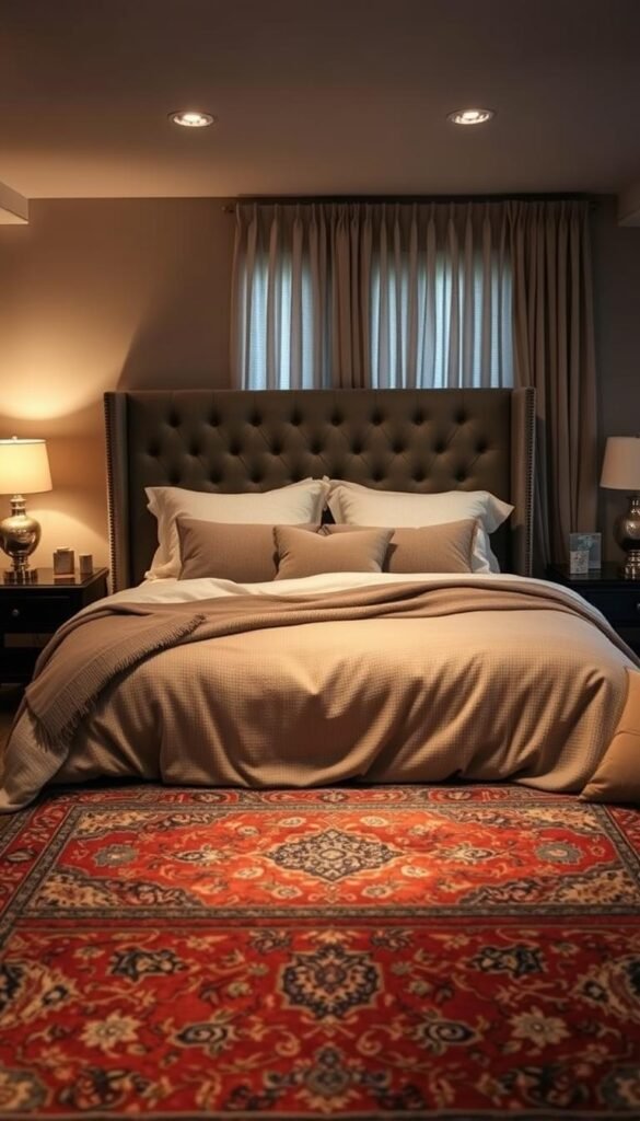 A cozy basement bedroom awash in warm, ambient lighting. In the foreground, a plush, tufted velvet headboard frames a sumptuous bed draped in soft, textured linens in earthy tones. Piled high with fluffy pillows and a cozy throw blanket, inviting the viewer to sink in. The middle ground reveals a vintage Persian rug, its rich colors and intricate patterns adding depth and character. Flanking the bed, matching nightstands hold reading lamps with soft, diffused illumination. In the background, sheer curtains billow gently, hinting at a quiet, serene atmosphere. The overall scene evokes a sense of comfort, relaxation, and a touch of understated luxury.