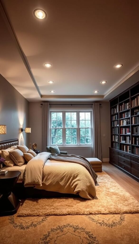 A cozy basement bedroom bathed in layered lighting. Soft, diffused light from recessed ceiling fixtures illuminates the room, casting a warm, inviting glow. Strategically placed wall sconces provide additional task lighting, creating depth and dimension. Lush, textured bedding and plush area rugs anchor the space, while floor-to-ceiling bookshelves line the walls, infusing the room with a sense of coziness and intellectual charm. Large windows allow natural light to filter in, complementing the artificial sources. The overall atmosphere is one of understated elegance, where form and function seamlessly blend to create a tranquil, restorative retreat.