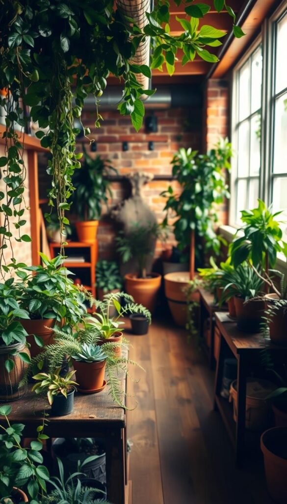 A cozy basement filled with lush, vibrant greenery and natural decor. In the foreground, a variety of thriving houseplants including trailing vines, leafy ferns, and small potted succulents sit atop rustic wooden shelves. In the middle ground, a large potted tree or floor-standing plant casts natural shadows across the space. The background showcases warm, ambient lighting filtering through a large window, revealing earthy tones and textures like exposed brick walls and hardwood floors. An inviting, serene atmosphere that blends indoor and outdoor elements for a refreshing, tranquil feel.