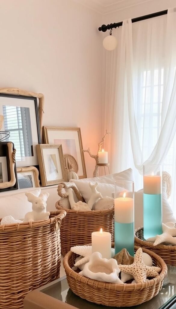 A cozy beach-themed vignette with driftwood photo frames, woven rattan baskets, and sea glass candle holders in a warm, natural palette. Soft, diffused lighting casts a gentle glow, evoking a tranquil, relaxed ambiance. Wispy draperies billow in the breeze, hinting at the nearby coastal landscape. Decorative seashells, coral, and other natural elements are thoughtfully arranged, creating a sense of effortless, organic elegance. The overall scene exudes a soothing, breezy atmosphere, perfect for a coastal-inspired living room.