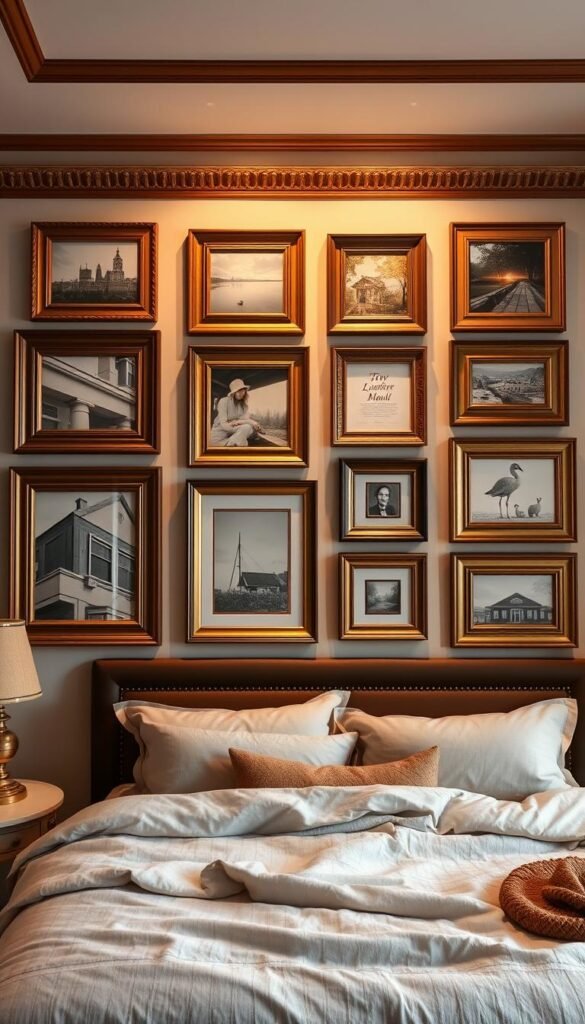 A cozy bedroom adorned with elegant picture frame moulding, creating a visually captivating gallery wall. The frames are adorned with a classic, warm-toned wood finish, arranged in a harmonious grid pattern. The lighting casts a soft, ambient glow, accentuating the depth and texture of the moulding. The bedroom is bathed in a serene, earthy palette, with neutral-toned walls and soft, plush bedding. The scene evokes a sense of refined sophistication and invites the viewer to imagine their own personal art collection displayed in this serene and stylish space.