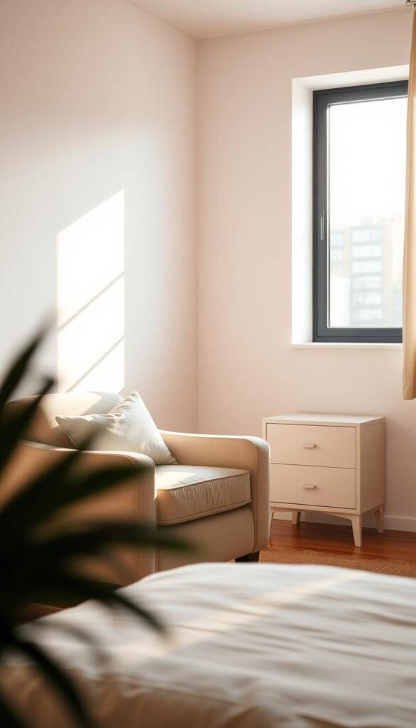 A cozy bedroom bathed in soft, natural light. The camera's lens captures a corner of the room, showcasing the interplay of shadow and illumination. In the foreground, a plush armchair sits invitingly, its neutral hue complementing the serene atmosphere. The middle ground reveals a minimalist nightstand, its clean lines and muted tones echoing the overall aesthetic. In the background, a large window allows a gentle, diffused glow to cascade through, casting a warm, calming ambiance throughout the space. The scene exudes a sense of tranquility, inviting the viewer to assess the bedroom's potential for a balanced, neutral design.