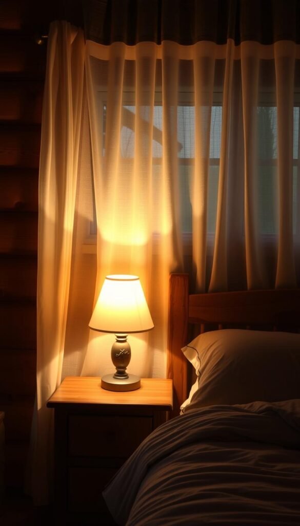 A cozy bedroom bathed in warm, soft lighting. A bedside lamp casts a gentle glow, illuminating the wooden nightstand and plush bedding. Ambient light filters through sheer curtains, creating a hazy, inviting atmosphere. The wood-paneled walls and rustic decor elements evoke a ranch-style aesthetic. Subtle shadows and highlights accentuate the textures and shapes, contributing to an overall sense of comfort and relaxation. A tranquil, intimate setting that sets the perfect mood for a peaceful evening.