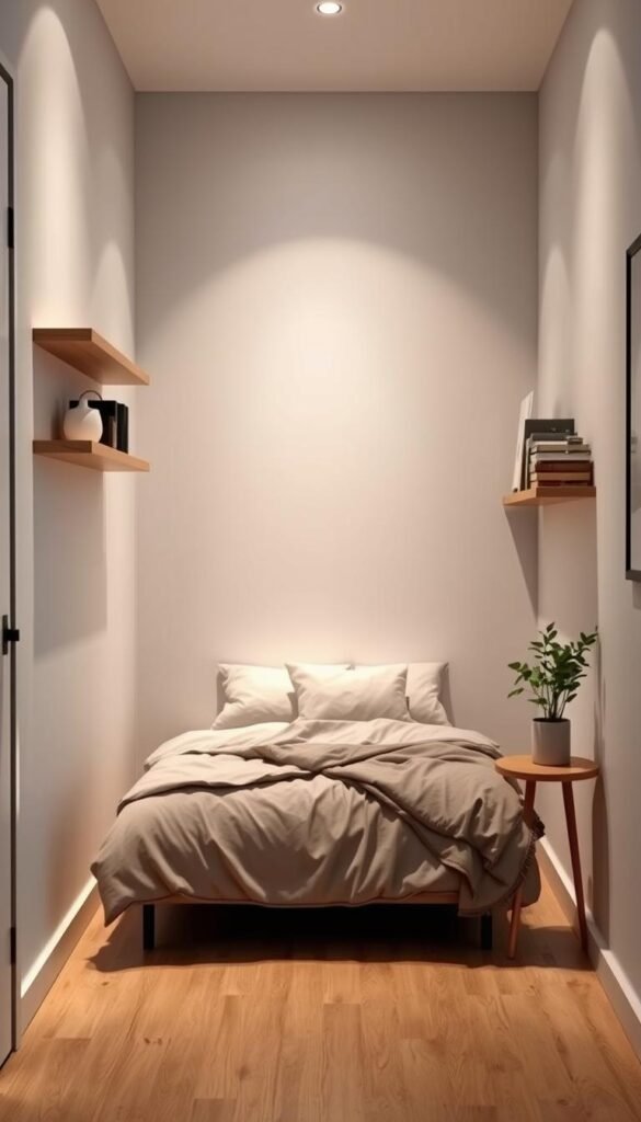 A cozy bedroom corner with a neatly arranged space-saving layout. Soft lighting illuminates the minimalist bed frame nestled perfectly into the angled wall, maximizing the available floor space. Plush bedding in muted tones creates an inviting and relaxing atmosphere. Floating shelves on the adjacent walls hold essential items, while a small side table provides a handy surface. Warm wooden accents and a potted plant add natural elements, complementing the clean, contemporary design. The overall composition emphasizes efficient utilization of the corner space, resulting in a harmonious and functional bedroom layout.