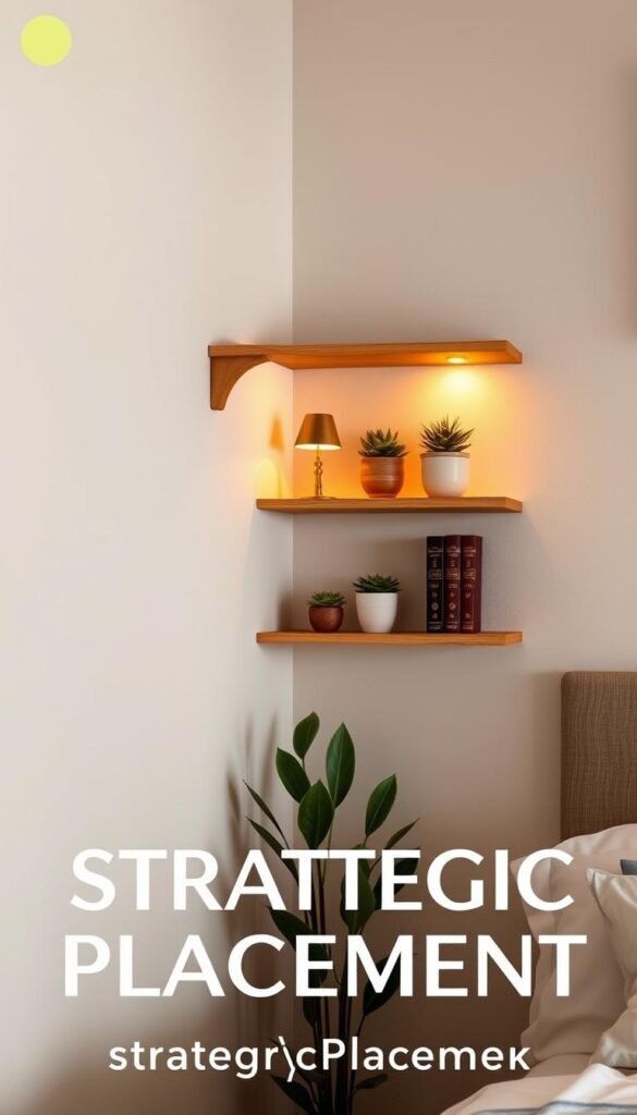 A cozy bedroom corner with a simple wooden wall-mounted shelf perfectly positioned at eye level. The shelf displays an artfully arranged collection of potted succulents, a small brass lamp, and a few leather-bound books. Warm ambient lighting casts a soft glow, creating an inviting and serene atmosphere. The shelf is flanked by a tall indoor plant in the corner and framed by a neutral-toned, textured wall. The overall composition emphasizes balance, minimalism, and a sense of thoughtful curation, reflecting the "Strategic Placement" theme.