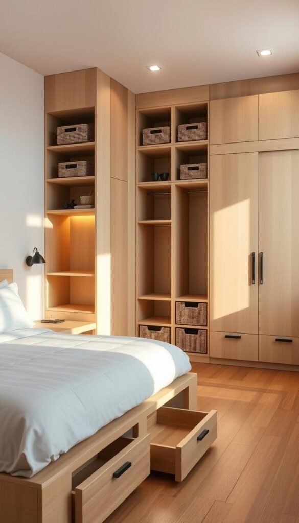 A cozy bedroom featuring cleverly designed storage solutions, bathed in warm, soft lighting. In the foreground, a minimalist platform bed with hidden drawers beneath, complemented by a floating nightstand with discreet cubbies. The middle ground showcases a modular wall unit with adjustable shelves, cubbies, and pull-out baskets, maximizing vertical space. In the background, a compact wardrobe with sliding doors and integrated drawers, blending seamlessly into the room's neutral color palette. The overall atmosphere is one of order, functionality, and a sense of spaciousness despite the limited square footage.