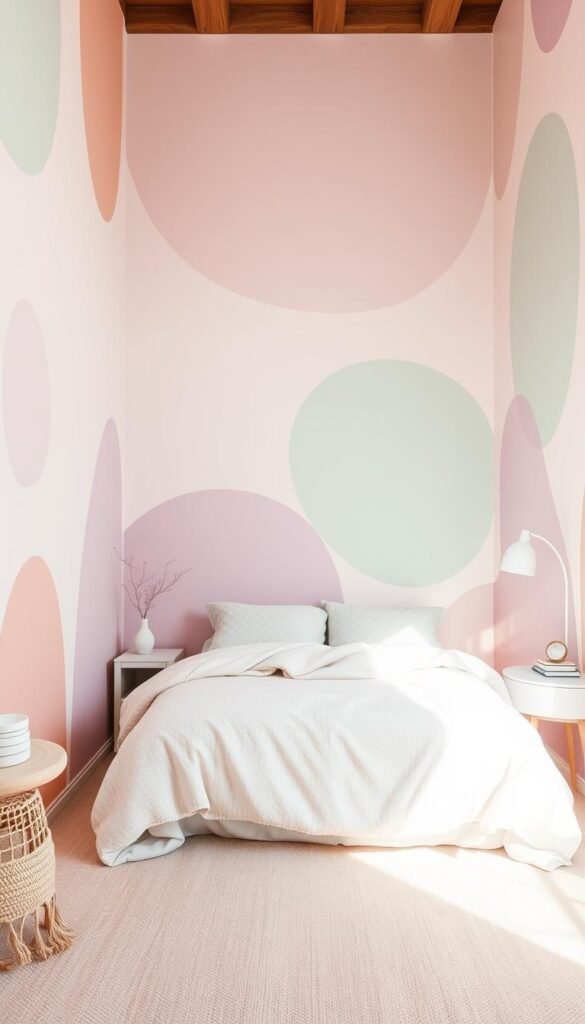 A cozy bedroom filled with a playful, pastel-hued geometric design. The walls are adorned with soft, gently curving shapes in muted shades of pink, lavender, and mint, creating a soothing, dreamlike atmosphere. The geometric patterns flow effortlessly across the space, leading the eye to a plush, inviting bed draped in soft, textured linens. Subtle lighting casts a warm, diffused glow, enhancing the calming ambiance. The room's layout is balanced, with carefully placed furniture and accessories that complement the geometric theme. An overall sense of tranquility and whimsy pervades the scene, inviting the viewer to relax and unwind in this serene, pastel-tinted haven. Prompt