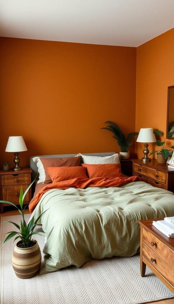 A cozy bedroom filled with earthy, warm tones. The walls are painted in a rich, muted ochre hue, creating a soothing and grounded ambiance. Soft, textured bedding in shades of terracotta and sage green invites relaxation, complemented by a plush area rug in a subtle herringbone pattern. Wooden nightstands and a dresser add natural elements, while the soft lighting from a pair of antique brass table lamps casts a gentle glow, enhancing the intimate, cocoon-like atmosphere. Houseplants in earthy ceramic pots dot the space, reinforcing the connection to nature. The overall effect is a serene, welcoming haven that radiates comfort and tranquility.