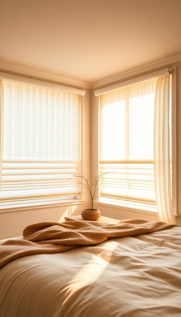 A cozy bedroom flooded with warm, natural light, showcasing a set of cellular shades with insulation lining the windows. The shades hang in soft, cascading folds, creating a sense of comfort and tranquility. The room's neutral color palette and soft textures, such as plush bedding and textured rugs, complement the insulated shades, which effectively block out unwanted light and noise, maintaining a peaceful, relaxing atmosphere. The camera angle captures the shades in the foreground, with the serene bedroom scene unfolding in the background, inviting the viewer to imagine themselves in this calming, energy-efficient space.