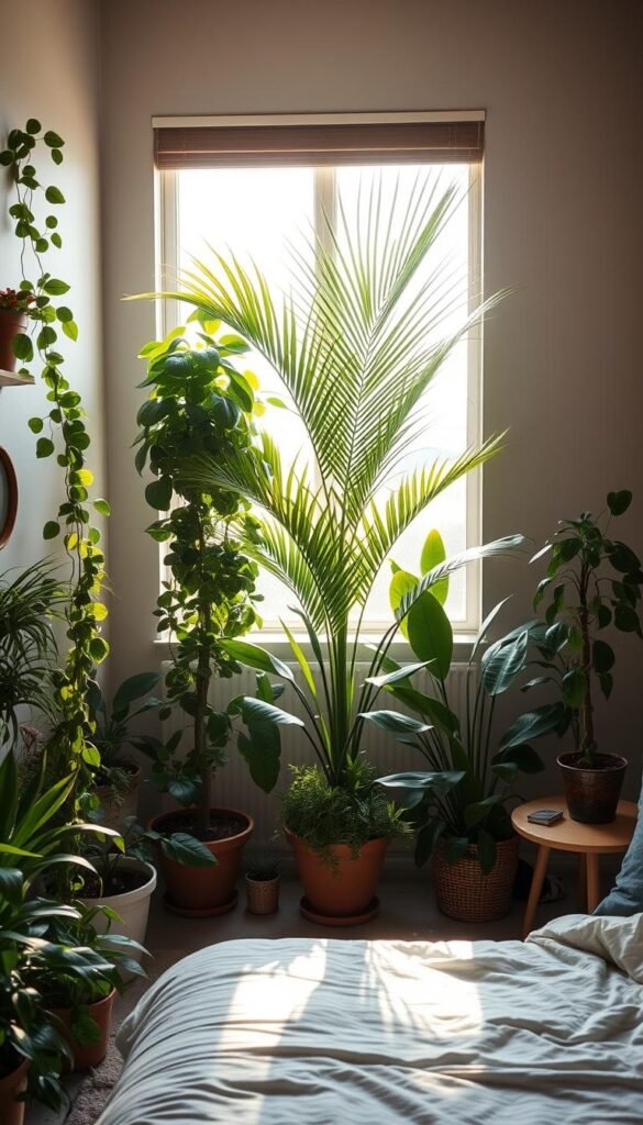 A cozy bedroom interior with an abundance of lush, verdant indoor plants thriving in the warm, natural light. The foreground showcases a variety of potted plants, including tall, leafy floor plants, trailing vines cascading from shelves, and leafy tabletop succulents. The middle ground features a large, healthy palm tree in the corner, its fronds reaching towards the sun-drenched window. The background shows a serene, calming atmosphere with muted colors and soft textures, emphasizing the soothing, rejuvenating presence of the plants. The lighting is soft and diffused, creating a tranquil, inviting ambiance that promotes a sense of relaxation and well-being. A cozy bedroom interior with an abundance of lush, verdant indoor plants thriving in the warm, natural light. The foreground showcases a variety of potted plants, including tall, leafy floor plants, trailing vines cascading from shelves, and leafy tabletop succulents. The middle ground features a large, healthy palm tree in the corner, its fronds reaching towards the sun-drenched window. The background shows a serene, calming atmosphere with muted colors and soft textures, emphasizing the soothing, rejuvenating presence of the plants. The lighting is soft and diffused, creating a tranquil, inviting ambiance that promotes a sense of relaxation and well-being.