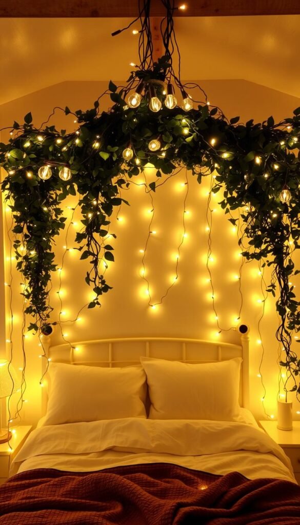 A cozy bedroom sanctuary with a diverse selection of enchanting fairy lights cascading across the walls, ceiling, and nightstands. Soft, warm lighting casts a magical glow, creating an intimate and relaxing ambiance. Delicate string lights intertwine with lush greenery, framing the bedframe and adding a touch of whimsy. Clusters of globe-shaped bulbs and twinkling LED strands adorn the space, offering a versatile range of styles to suit any personal aesthetic. The carefully curated arrangement strikes a balance between tasteful elegance and cozy, dream-like charm, inviting the viewer to imagine themselves immersed in this serene, fairy-tale-inspired retreat.