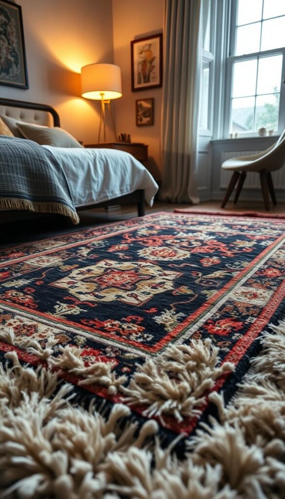 A cozy bedroom scene with a vintage-inspired rug taking center stage. The rug features a bold, multicolored geometric pattern, complemented by intricate floral and paisley accents. Surrounding the rug, a collection of smaller accent rugs in muted tones and subtle patterns create a layered, textured look. Warm, diffused lighting from a mid-century-style floor lamp casts a soft, amber glow, heightening the timeless ambiance. The scene is captured from a low, eye-level angle, emphasizing the plush, inviting texture of the rugs. An overall mood of comfort and sophistication permeates the space, inviting the viewer to imagine sinking their toes into the luxurious pile.