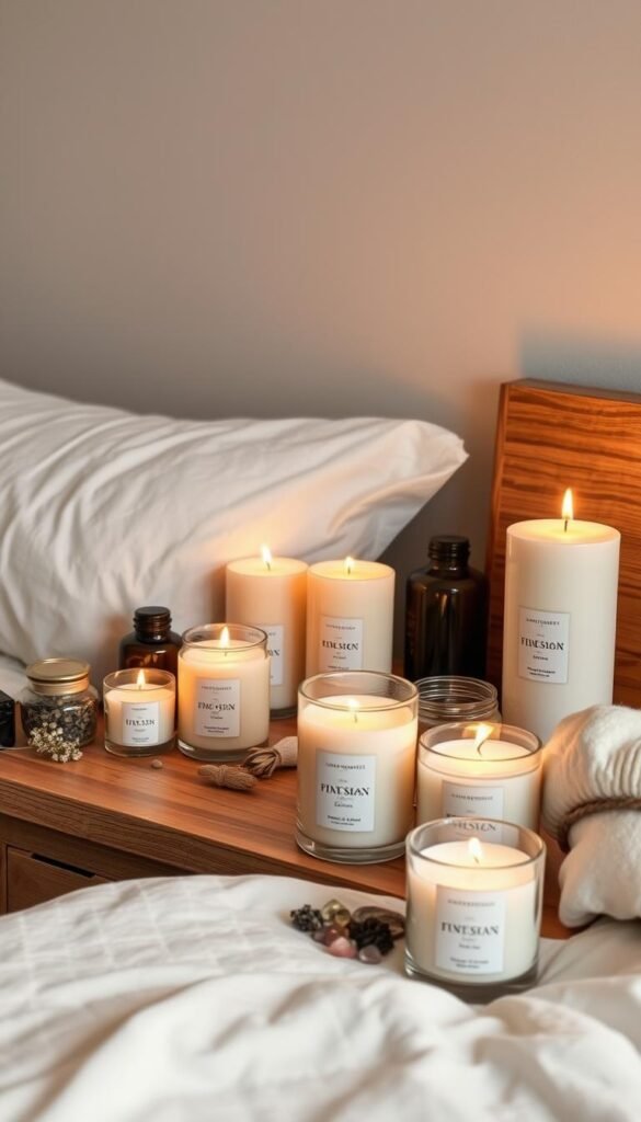 A cozy bedroom scene with a wooden nightstand displaying an assortment of scented candles in various shapes and sizes. The candles emit a warm, soft glow, casting a comforting ambiance across the room. Alongside the candles, there are a few small decorative items like dried flowers, herbs, and crystals to create an immersive aromatherapy experience. The background features a neutral-toned wall, adding to the tranquil, spa-like atmosphere. The lighting is subtle and diffused, emphasizing the serene and relaxing mood. The overall composition conveys a sense of harmony, comfort, and mindfulness, inviting the viewer to unwind and savor the soothing aromas.