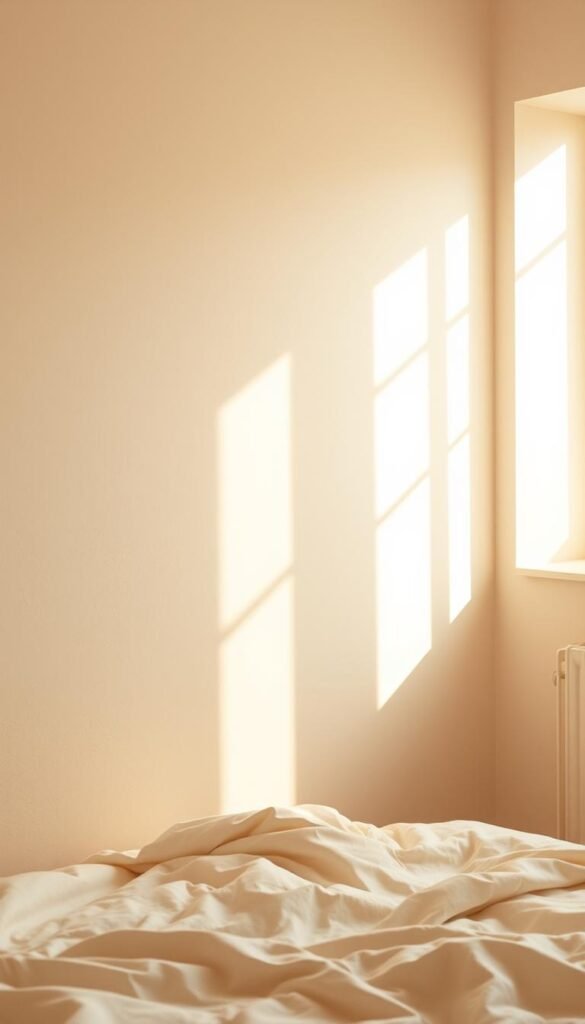 A cozy bedroom setting bathed in warm, natural light. The walls are painted in a soft, inviting palette of off-white and cream hues, creating a sense of depth and dimension. The paint colors have a subtle hint of beige and yellow undertones, exuding a comforting, lived-in ambiance. The lighting is gentle and diffused, accentuating the subtle variations in the paint tones. Delicate shadows and highlights dance across the textured wall surface, adding depth and a sense of warmth. The overall atmosphere is serene, calming, and perfectly suited for a relaxing, rejuvenating space.