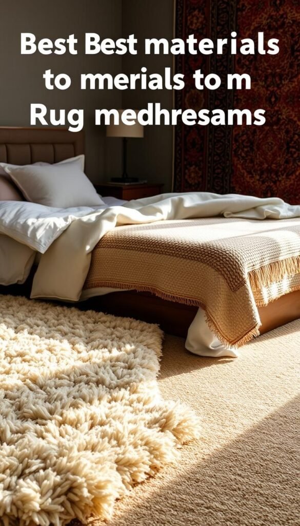 A cozy bedroom setting, showcasing a side-by-side comparison of various rug materials. In the foreground, a plush, high-pile wool rug in a neutral beige tone, its soft fibers inviting touch. Beside it, a sleek, low-profile sisal rug with its distinct natural texture. In the middle ground, a shimmering viscose rug in a sophisticated herringbone pattern, casting a warm glow under the soft, diffused lighting. In the background, a richly-hued vintage-inspired Persian rug, its intricate patterns and jewel-toned colors commanding attention. The overall scene exudes a sense of comfort, quality, and style, guiding the viewer through the key considerations in choosing the best rug materials for a cozy bedroom.