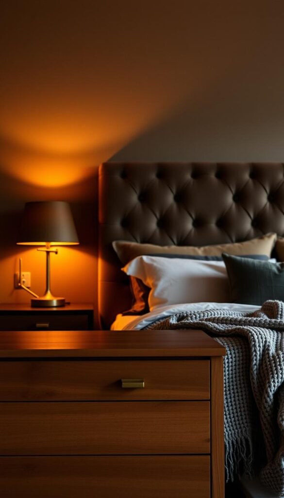 A cozy bedroom setting with a plush, tufted velvet headboard as the focal point. Warm, soft lighting from a pair of midcentury-inspired bedside lamps bathes the scene in a gentle, intimate glow. In the foreground, a low-profile, solid wood dresser with aged brass hardware complements the vintage aesthetic. Layered textiles, including a chunky knit throw and patterned pillows, add depth and texture to the space. The overall mood is one of relaxation and quiet sophistication, creating a serene, moody atmosphere perfect for a restful night's sleep.