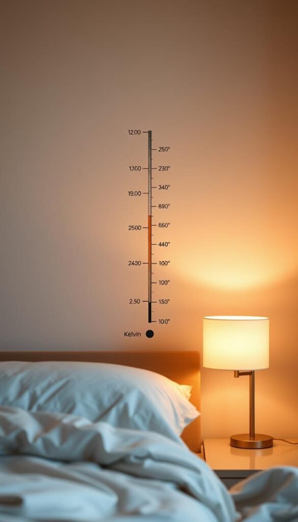 A cozy bedroom setting with a prominent Kelvin scale display, showcasing the range of light temperatures from warm to cool. The scale is presented in a minimalist, modern design, with a soft, ambient lighting illuminating the scene. The background features a neutral-toned wall, creating a soothing and inviting atmosphere. The foreground includes a bedside lamp, its light adjustable to create the perfect cozy ambiance. The overall composition emphasizes the importance of choosing the right light temperature to set the desired mood in a bedroom environment.