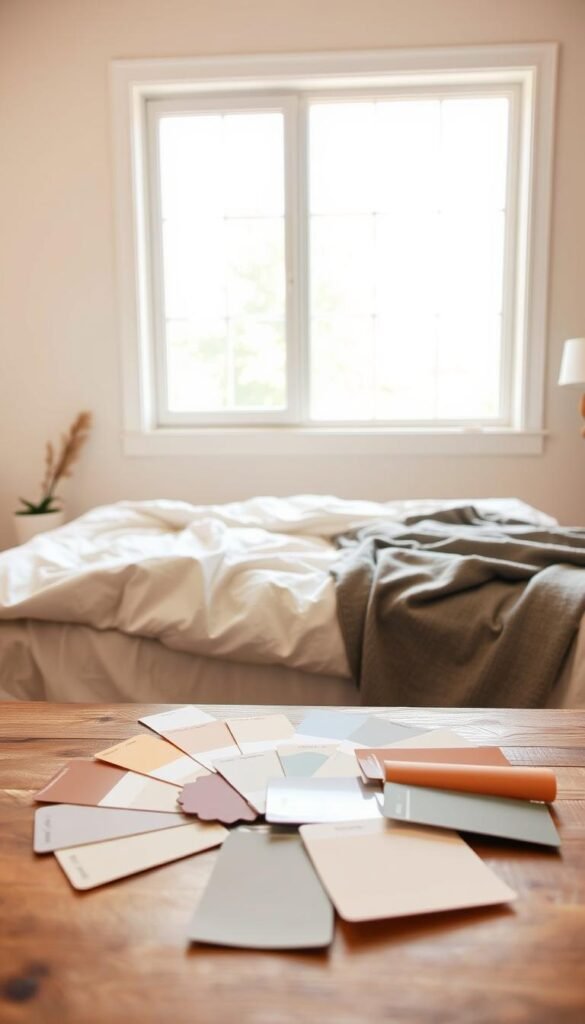 A cozy bedroom with a large window letting in soft, diffused natural light. In the foreground, a collection of paint color samples are arranged on a wooden table, their hues ranging from warm neutrals to muted earth tones. A neutral-colored wall serves as the backdrop, allowing the paint swatches to stand out and be easily compared. The arrangement is styled with a few simple decorative elements, such as a small potted plant, to create a sense of effortless style. The overall mood is one of calm, contemplation, and the subtle exploration of finding the perfect cozy shade for a bedroom retreat.
