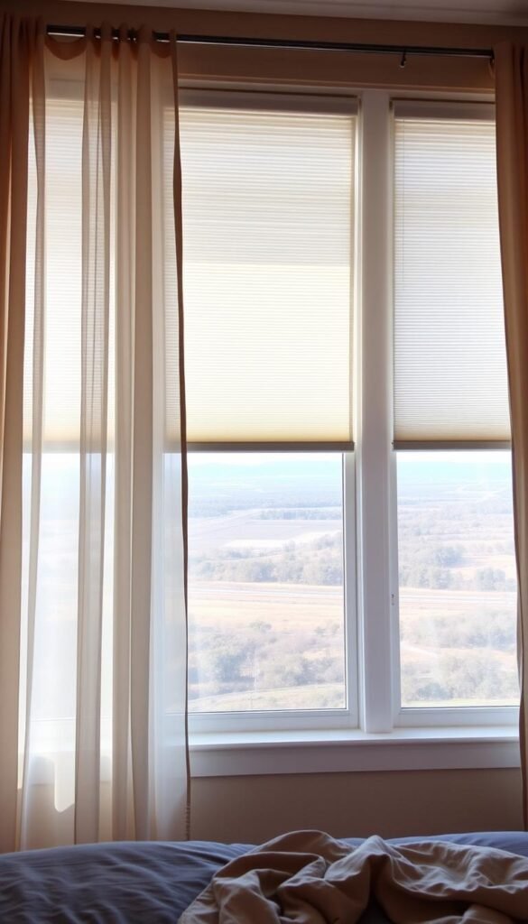 A cozy bedroom with a large window, showcasing an array of privacy-enhancing window treatments. In the foreground, sheer, flowing curtains in a soft, neutral hue gently diffuse the natural light, creating a warm and inviting ambiance. Midground features a modern, adjustable cellular shade system, allowing for precise light control and optimal privacy. The background depicts a panoramic view of a serene, outdoor landscape, visible through the partially opened window treatments. Lighting is a harmonious blend of natural daylight and subtle, indirect artificial illumination, evoking a sense of tranquility and comfort.