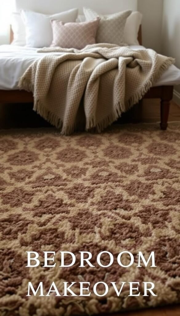 A cozy bedroom with a plush, patterned rug taking center stage. The rug features an intricate design in muted tones of earthy browns, grays, and creams, creating a warm and inviting atmosphere. Atop the rug, a soft, knitted throw blanket in a complementary pattern drapes elegantly over a wooden bench, adding layers of texture and visual interest. Soft, diffused lighting casts a gentle glow, highlighting the interplay of patterns and creating a serene, welcoming ambiance. The overall scene evokes a sense of comfort and relaxation, perfect for showcasing a cozy bedroom makeover.