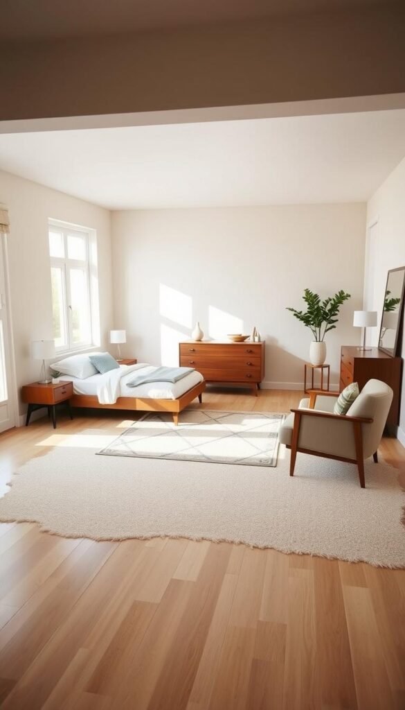 A cozy bedroom with a refined, minimalist aesthetic. In the foreground, an arrangement of contemporary furniture pieces - a low-profile platform bed, a pair of sleek nightstands, and a comfortable armchair. Soft, natural lighting filters in through large windows, creating a warm and inviting atmosphere. The middle ground showcases a geometric area rug and a mid-century modern dresser, complementing the overall design. In the background, a neutral-toned feature wall serves as a clean, uncluttered backdrop, allowing the furniture to take center stage. The scene exudes a sense of harmony and balance, inspiring ideas for a refreshed bedroom layout without major renovations.