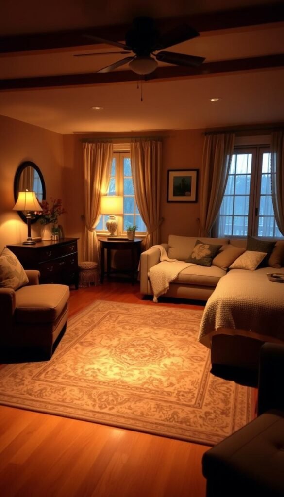 A cozy bedroom with a tastefully placed area rug, illuminated by warm, diffused lighting that creates a welcoming ambiance. The rug, with a subtle pattern and rich, earthy tones, anchors the space, delineating a distinct seating or conversation area. Plush textures and inviting furniture, such as a loveseat or armchair, surround the rug, encouraging relaxation and a sense of retreat. The overall scene evokes a harmonious blend of comfort and style, showcasing how a strategically placed rug can define and enhance a bedroom's functionality and aesthetic appeal.