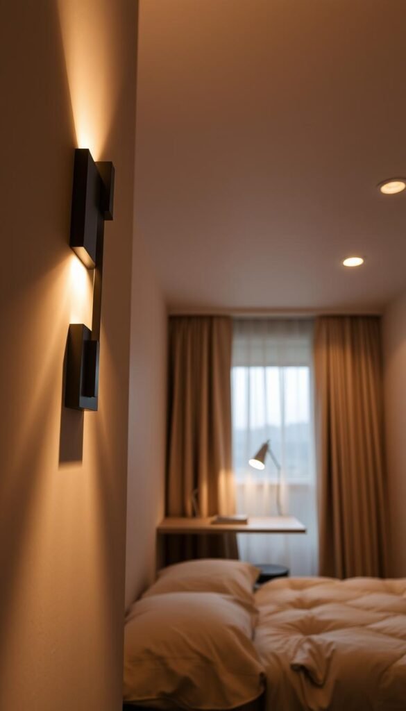 A cozy bedroom with a warm, intimate atmosphere. In the foreground, a sleek, minimalist wall-mounted lighting fixture casts a soft, ambient glow, illuminating the space without taking up valuable floor or surface area. In the middle ground, a floating bedside table with a single, adjustable task light provides focused illumination for reading or work. The background features a mix of natural light from a large window and subtle, recessed ceiling lights that create a balanced, inviting ambiance. The overall impression is of a small but thoughtfully-designed bedroom that maximizes function and style through clever, space-saving lighting solutions.