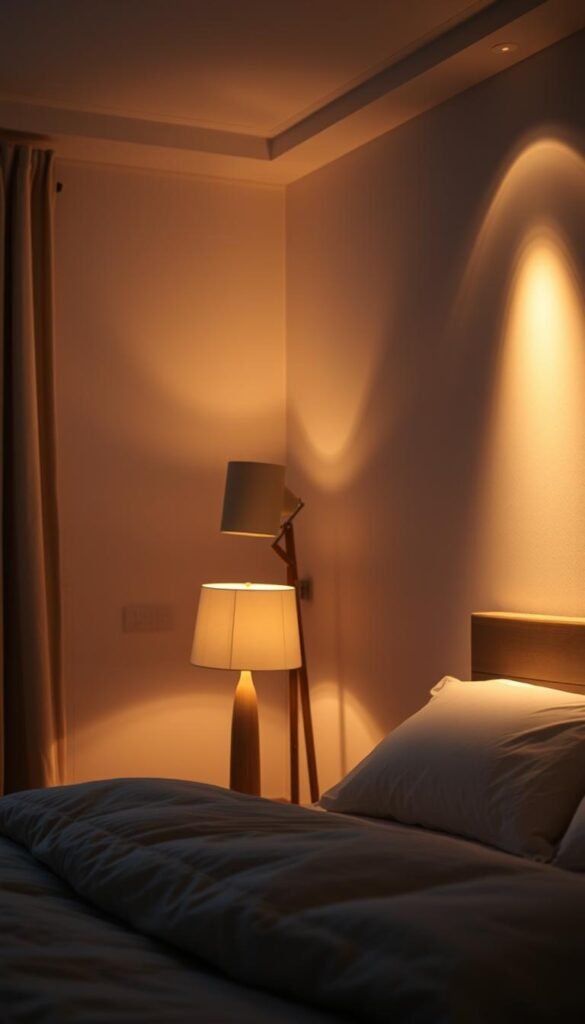 A cozy bedroom with a warm, inviting atmosphere. In the foreground, a bedside table with a soft, dimmable lamp casting a gentle glow. In the middle ground, a floor lamp with a diffused, ambient light illuminating the space. On the back wall, a series of wall-mounted spotlights creating layers of illumination, accentuating textures and adding depth. The overall lighting design blends seamlessly, crafting a comforting, relaxing ambiance perfect for a small, intimate apartment bedroom.