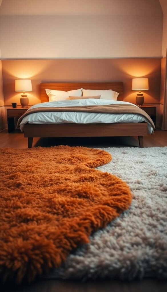 A cozy bedroom with a warm, inviting atmosphere. In the foreground, two plush, overlapping area rugs in earthy tones of ochre and terracotta create a layered, textural foundation. The middle ground features a low-profile wood bed frame adorned with crisp white linens and a fluffy duvet. Soft, diffused lighting from a pair of table lamps bathes the scene in a gentle, golden glow. In the background, a neutral-toned accent wall provides a harmonious backdrop, complementing the overall color palette. The overall impression is one of depth, dimension, and an enveloping sense of comfort.