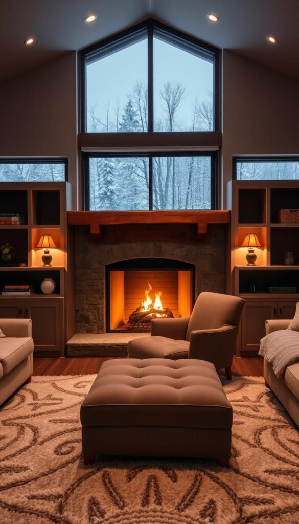 A cozy bedroom with a warm, inviting fireplace as the focal point. The fireplace is framed by built-in shelving units on either side, creating a symmetrical and balanced layout. Soft lighting from table lamps and sconces casts a gentle glow, accentuating the textures of the rustic wooden mantel and the plush, neutral-toned area rug in the foreground. The middle ground features a comfortable, oversized armchair and ottoman, inviting relaxation. In the background, a large window offers a picturesque view of a snowy, wooded landscape, adding to the serene and tranquil atmosphere.