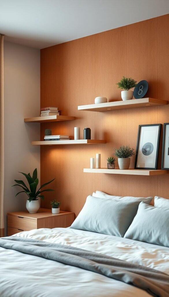 A cozy bedroom with an accent wall adorned with elegant floating shelves. The shelves, crafted from sleek, light-colored wood, hover effortlessly against a warm, textured backdrop. Carefully curated decor items, such as potted plants, candles, and minimal artwork, lend a sense of balance and sophistication. Soft, directional lighting casts a gentle glow, creating a serene and inviting atmosphere. The camera captures the scene from a slightly elevated angle, showcasing the shelves' harmonious integration with the room's design. An air of tranquility and refined style permeates the frame.