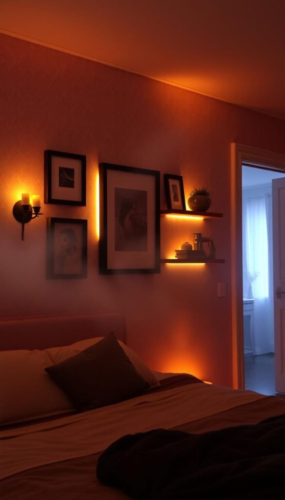 A cozy bedroom with an illuminated wall display. In the foreground, a curated arrangement of framed artwork, wall sconces, and decorative shelves bathed in a warm, ambient glow. The middle ground features textured wallpaper or paneling, creating depth and visual interest. Soft, diffused lighting emanates from hidden fixtures, casting a gentle radiance across the scene. The background is hazy and atmospheric, with hints of a window or doorway leading to an adjacent space. The overall mood is serene, inviting, and tailored to showcase the unique and personalized nature of the illuminated wall decor.