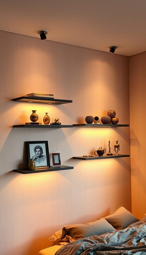 A cozy bedroom with floating shelves illuminated by warm, ambient lighting. The shelves display an artful collection of decorative items, casting gentle shadows on the soft-textured walls. Directional lighting fixtures above the shelves create a layered, gallery-like effect, highlighting the textures and shapes of the displayed objects. The overall atmosphere is inviting and tranquil, with a focus on creating an elegant, visually-appealing display space.