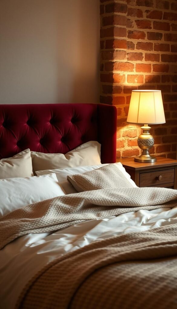 A cozy bedroom with layers of textures and warm, inviting lighting. In the foreground, a plush, tufted velvet headboard in a rich burgundy hue. Layered upon it, soft linen sheets, a knitted blanket, and an array of fluffy pillows in complementary shades of beige and cream. In the middle ground, a rustic wooden side table with a vintage table lamp, its warm glow casting a gentle ambiance across the space. In the background, a brick accent wall, its rough-hewn texture adding depth and character to the scene. Subtle shadows and highlights create a sense of depth and atmosphere, while the overall palette evokes a sense of comfort and relaxation.