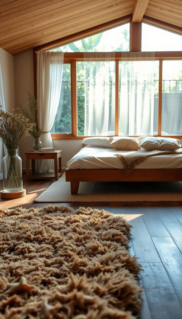 A cozy bedroom with natural elements, bathed in warm, diffused lighting. In the foreground, a plush, earthy-toned area rug and a wooden bedside table with a glass vase of fresh wildflowers. The middle ground features a large, wooden-framed bed with crisp, linen bedding and a soft, knitted throw. Behind, a panoramic window overlooks a lush, verdant garden, blurring the boundaries between indoors and out. Wispy curtains filter the sunlight, casting gentle shadows across the scene. The overall atmosphere is serene, inviting, and harmoniously integrated with the natural world. A cozy bedroom with natural elements, bathed in warm, diffused lighting. In the foreground, a plush, earthy-toned area rug and a wooden bedside table with a glass vase of fresh wildflowers. The middle ground features a large, wooden-framed bed with crisp, linen bedding and a soft, knitted throw. Behind, a panoramic window overlooks a lush, verdant garden, blurring the boundaries between indoors and out. Wispy curtains filter the sunlight, casting gentle shadows across the scene. The overall atmosphere is serene, inviting, and harmoniously integrated with the natural world.