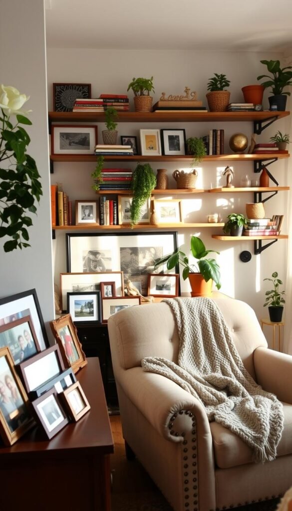 A cozy bedroom with personal touches that reflect the owner's style and personality. In the foreground, a carefully curated display of framed photographs, artwork, and mementos rests on a wooden dresser. The middle ground features a plush armchair with a knitted throw, inviting the viewer to sit and admire the space. In the background, the bedroom's walls are adorned with shelves holding an eclectic mix of books, decorative objects, and plants, casting a warm, earthy glow. Soft, natural lighting filters through sheer curtains, creating a calming, intimate atmosphere. The overall scene conveys a sense of individuality, comfort, and a lived-in charm.
