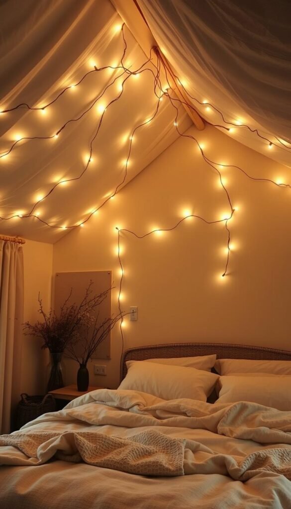 A cozy bedroom with soft, warm fairy lights gently illuminating the ceiling. The lights are strung across the ceiling in an elegant, organic pattern, casting a gentle, twinkling glow throughout the space. The lighting is focused, creating a dreamlike ambiance that invites relaxation. The room is decorated with natural, textured elements like wood and linen, creating a serene, nature-inspired atmosphere. A large, plush bed sits beneath the glowing lights, promising a peaceful night's sleep. The overall mood is one of comforting, intimate coziness, perfect for a cozy, romantic bedroom.
