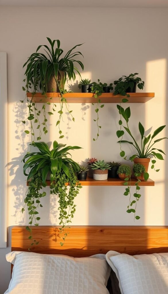 A cozy bedroom with two floating shelves adorned with a variety of lush, verdant plants. The shelves are positioned above a wooden headboard, casting soft, natural shadows across the scene. The plants, meticulously arranged, include cascading vines, tall leafy stems, and compact succulents, creating a harmonious and serene botanical display. Warm, diffused lighting from a window on the left side illuminates the scene, highlighting the textures and colors of the foliage. The overall mood is calming and inviting, perfectly complementing the peaceful sanctuary of the bedroom.