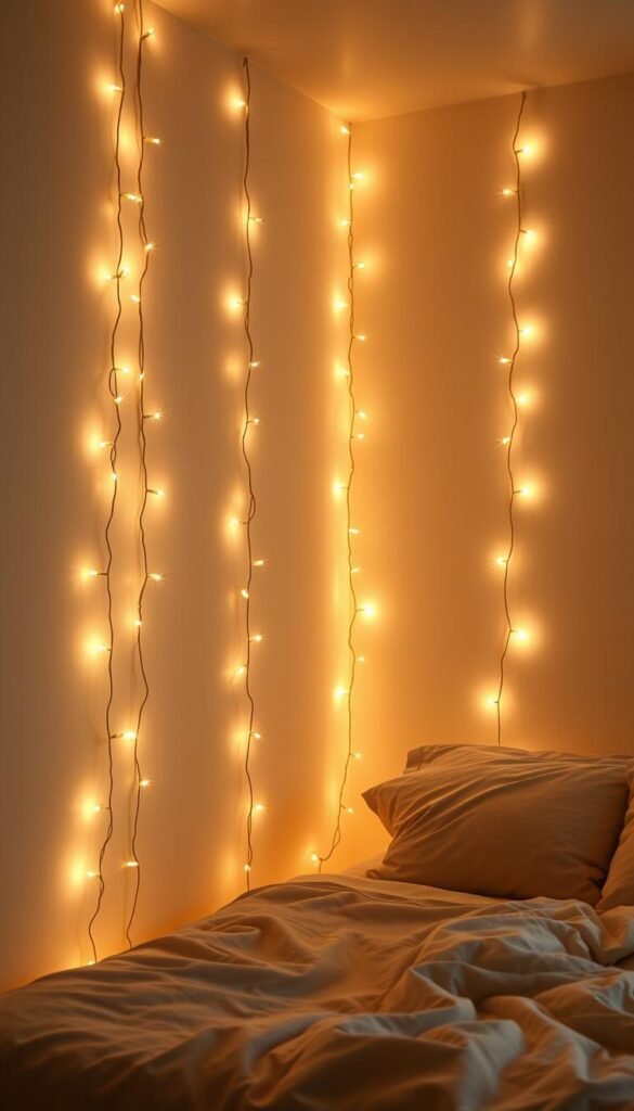 A cozy bedroom with warm, twinkling fairy lights cascading down the walls, creating a soft, inviting ambiance. The lights gently illuminate the room, casting a dreamy, atmospheric glow. The walls are a soothing, neutral tone, allowing the fairy lights to take center stage. The lighting is evenly distributed, with clusters of lights arranged in a natural, organic pattern, adding depth and visual interest. The overall mood is calming and serene, perfect for a peaceful, relaxing atmosphere.