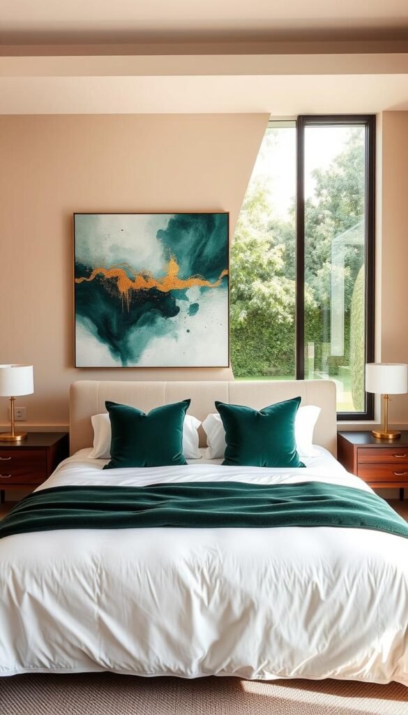 A cozy beige bedroom with soft, warm lighting. In the foreground, a plush king-size bed dressed in crisp, white linens and accented with luxurious emerald green throw pillows and a velvet blanket at the foot. On the wall behind the bed, a large, abstract art piece in shades of emerald and gold adds a sophisticated touch. The middle ground features a pair of matching midcentury modern nightstands with minimalist table lamps. In the background, a floor-to-ceiling window offers a serene view of a lush, verdant garden, bathing the room in a gentle, natural light. The overall atmosphere is one of tranquility, comfort, and refined elegance.