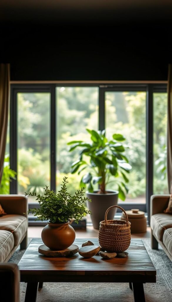A cozy black living room bathed in warm, diffused lighting. In the foreground, a plush velvet sofa and armchair frame a low wooden coffee table, upon which rests a carefully curated arrangement of natural elements - a terracotta vase filled with lush greenery, a woven basket, and a collection of smooth river stones. The middle ground features a large potted plant, its verdant leaves casting gentle shadows on the walls. In the background, a large window opens to a verdant outdoor scene, blurring the boundaries between interior and exterior. The overall atmosphere is one of calm, organic elegance - a harmonious balance of the natural and the refined.