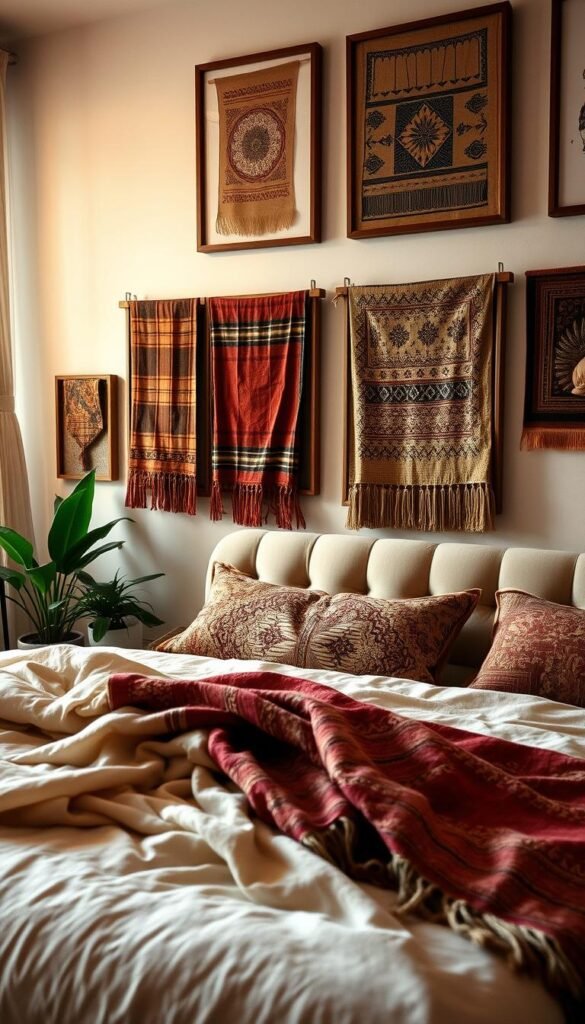 A cozy boho bedroom with framed vintage textiles adorning the walls. Soft, diffused lighting illuminates the scene, casting a warm, inviting glow. In the foreground, a collection of textiles in rich, earthy tones is carefully arranged, their intricate patterns and textures creating a visually captivating display. The middle ground features a plush, tufted headboard, draped with lightweight, sheer fabrics that flutter gently. In the background, a mix of potted plants and decorative accents add to the natural, serene ambiance, complementing the overall boho-chic aesthetic. A cozy boho bedroom with framed vintage textiles adorning the walls. Soft, diffused lighting illuminates the scene, casting a warm, inviting glow. In the foreground, a collection of textiles in rich, earthy tones is carefully arranged, their intricate patterns and textures creating a visually captivating display. The middle ground features a plush, tufted headboard, draped with lightweight, sheer fabrics that flutter gently. In the background, a mix of potted plants and decorative accents add to the natural, serene ambiance, complementing the overall boho-chic aesthetic.