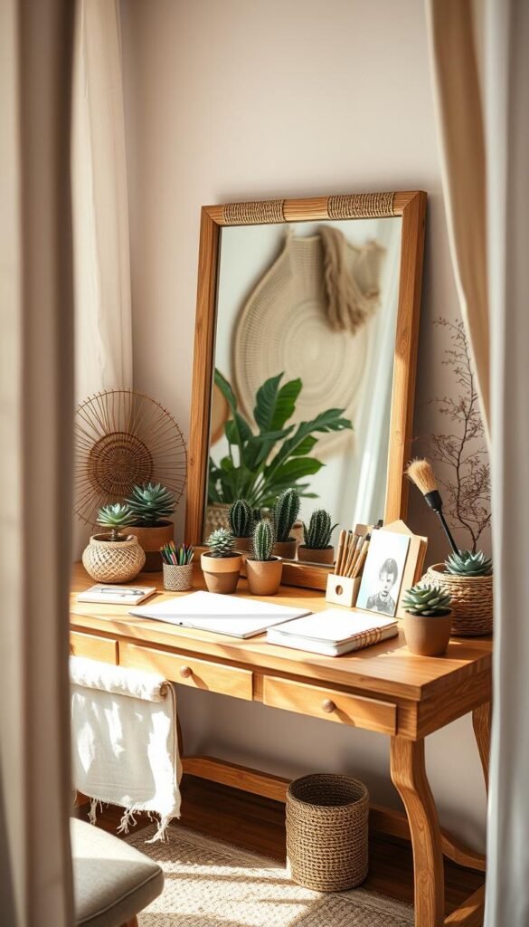 A cozy boho-inspired desk setup with a large standing mirror, surrounded by natural elements. The wooden desk is adorned with textured woven accents, potted succulents, and an array of stationery supplies. Diffused natural light filters in, creating a warm, inviting ambiance. The mirror reflects the desk's organic materials, amplifying the calming, earthy vibe. Soft linen curtains frame the scene, blending seamlessly with the overall aesthetic. The composition emphasizes balance and harmony, inspiring creativity and mindfulness in the workspace.