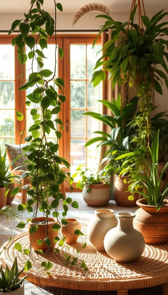 A cozy boho living room, bathed in warm natural light. In the foreground, an assortment of lush, verdant houseplants - trailing vines, broad leaves, and delicate fronds. They spill gracefully from rustic terracotta pots, creating a vibrant, textural display. In the middle ground, a rattan coffee table is adorned with sculptural ceramic vessels, their organic shapes complementing the plants. Beyond, a large window frames a view of a sun-dappled garden, hinting at the seamless integration of indoor and outdoor spaces. The overall atmosphere is one of serenity, harmony, and a deep connection to the natural world. A cozy boho living room, bathed in warm natural light. In the foreground, an assortment of lush, verdant houseplants - trailing vines, broad leaves, and delicate fronds. They spill gracefully from rustic terracotta pots, creating a vibrant, textural display. In the middle ground, a rattan coffee table is adorned with sculptural ceramic vessels, their organic shapes complementing the plants. Beyond, a large window frames a view of a sun-dappled garden, hinting at the seamless integration of indoor and outdoor spaces. The overall atmosphere is one of serenity, harmony, and a deep connection to the natural world.
