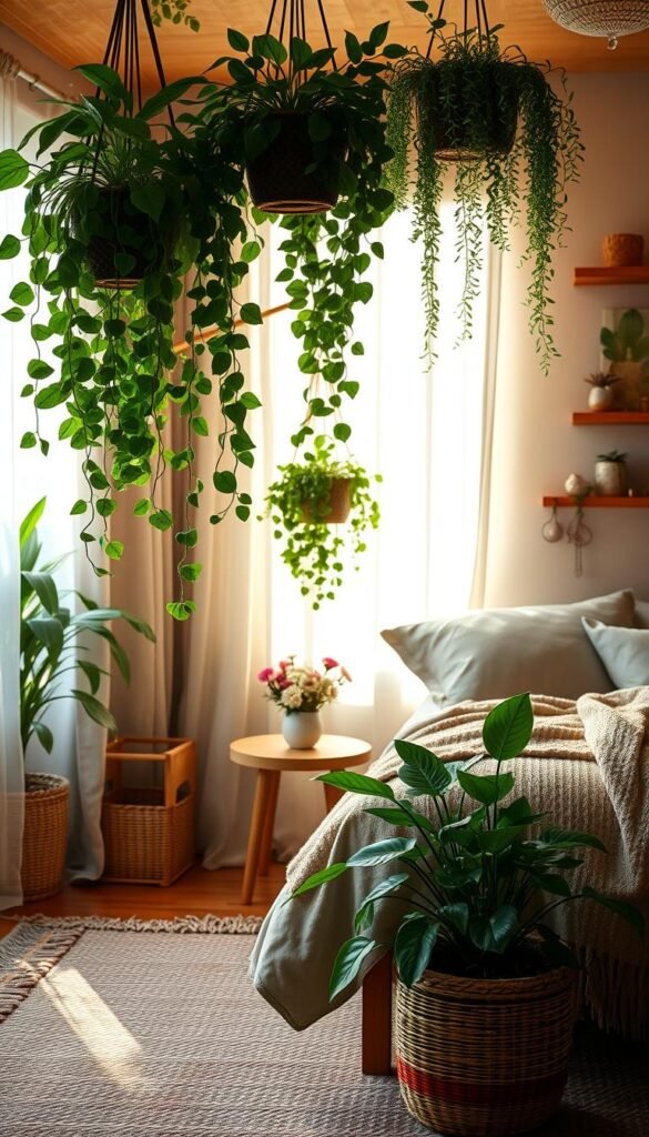 A cozy botanical bedroom with lush greenery cascading from hanging planters, delicate floral accents adorning a wooden nightstand, and a plush area rug in earthy tones. Warm, diffused lighting filters through sheer curtains, casting a serene glow over the scene. In the foreground, a large potted plant with vibrant leaves anchors the composition, while the middle ground features a small side table displaying a vase of fresh flowers. The background showcases a wall adorned with nature-inspired artwork and shelves holding an assortment of decorative elements. The overall atmosphere is one of tranquility and a harmonious blend of natural elements.