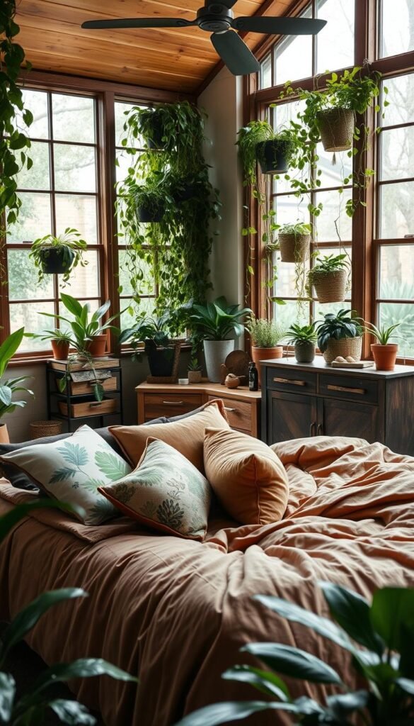 A cozy botanical bedroom with lush greenery, warm wood accents, and inviting textiles. The foreground features a plush, earthy-toned bed adorned with botanical print linens and a mix of plush pillows. In the middle ground, a rustic wooden dresser and nightstands with potted plants and natural decor elements. The background showcases a wall of large windows, allowing natural light to flood the space and highlight the verdant, trailing vines cascading from wall-mounted planters. The overall atmosphere is one of serenity, comfort, and a harmonious blend of nature and modern design.